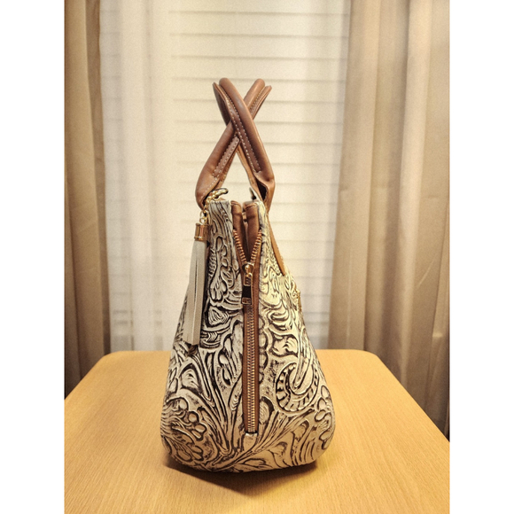 Brown Off White Zippered Floral Embossed Tooled Artisanal LEATHER Bag Purse - Picture 7 of 15